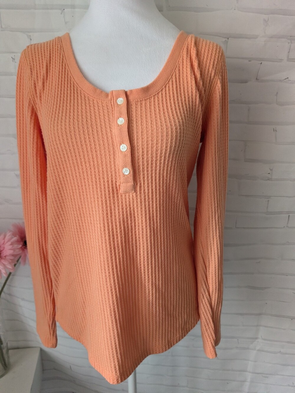 Loft Women's Peach Ribbed Henley Long-Sleeve Top